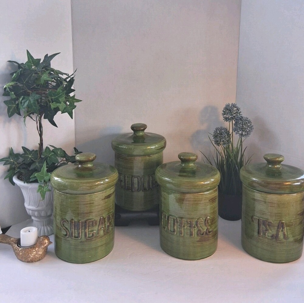 VTG Holiday Designs Green Drip Glaze Canister Set; 4pc Rare Canada Mold MCM